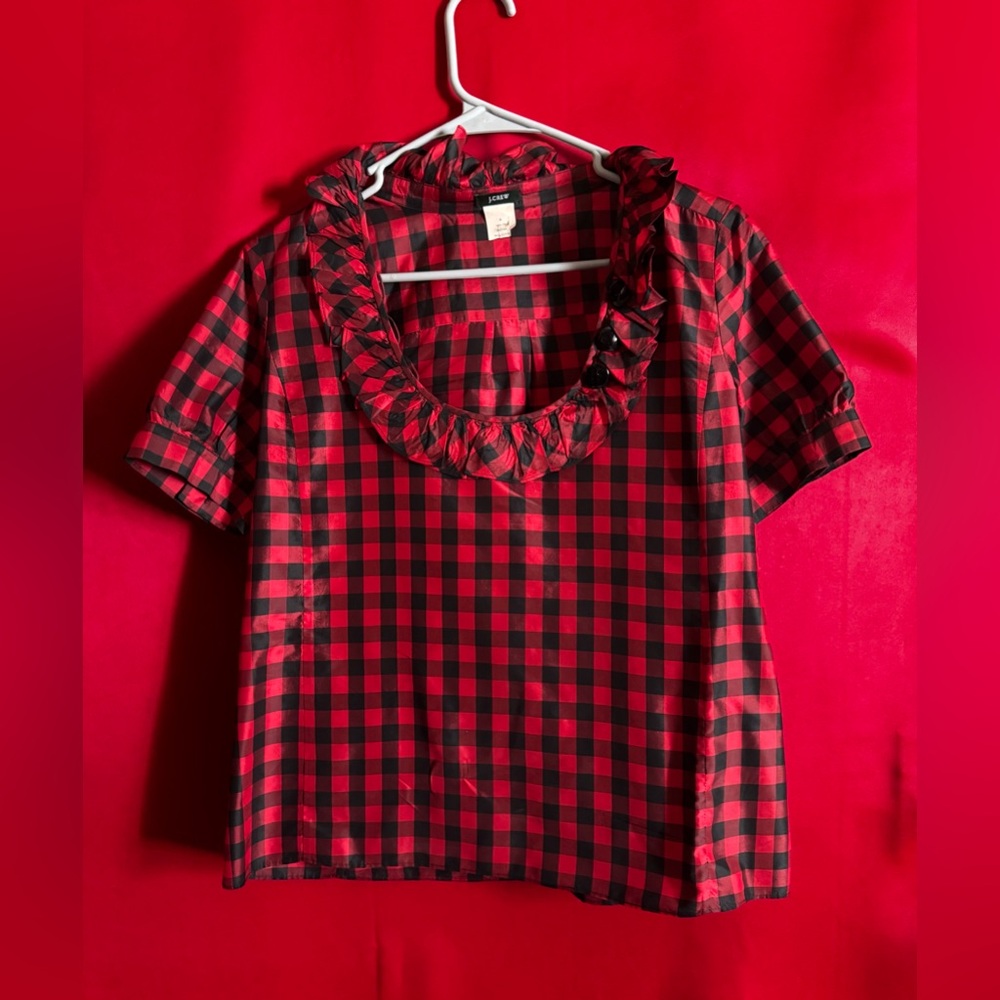 🧸2/$20-#322-J. Crew Red and Black Plaid 100% Silk Blouse Size 4